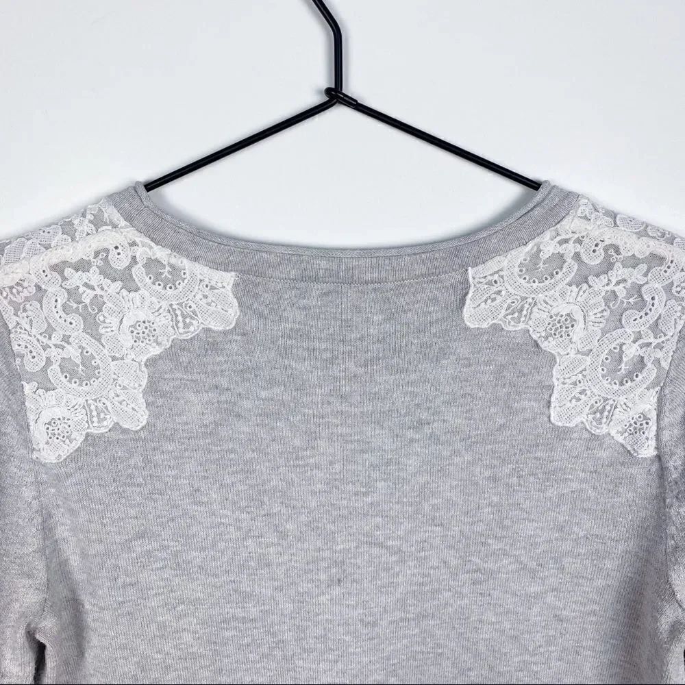 Boden Lace Embellished Sweater Cotton Gray White Long Sleeve Crew Neck 2 - Picture 7 of 13